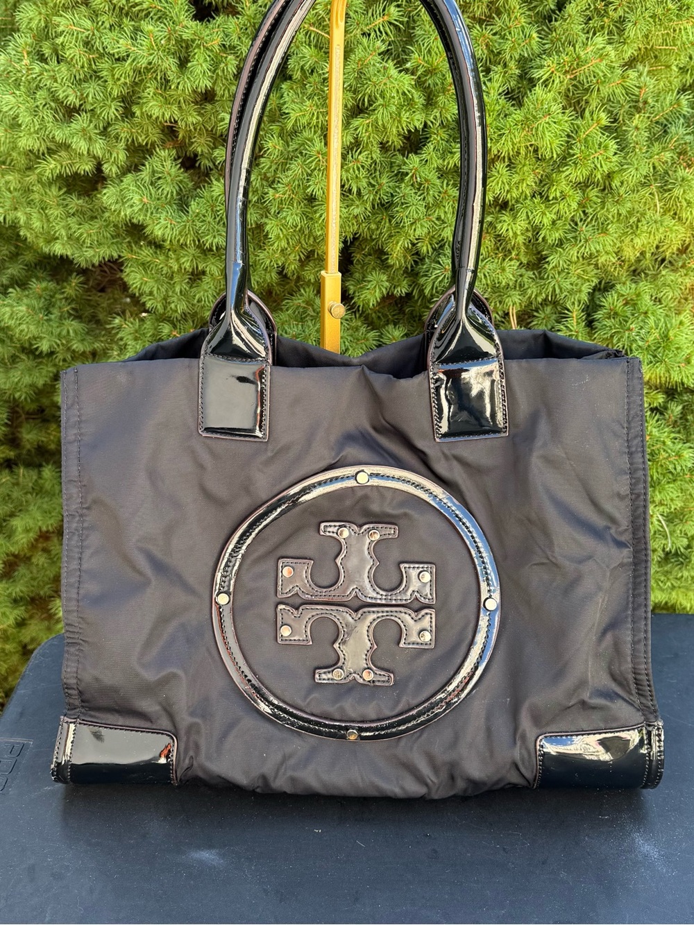 Tory Burch Black Nylon Tote with Patent Trim and Logo Medallion